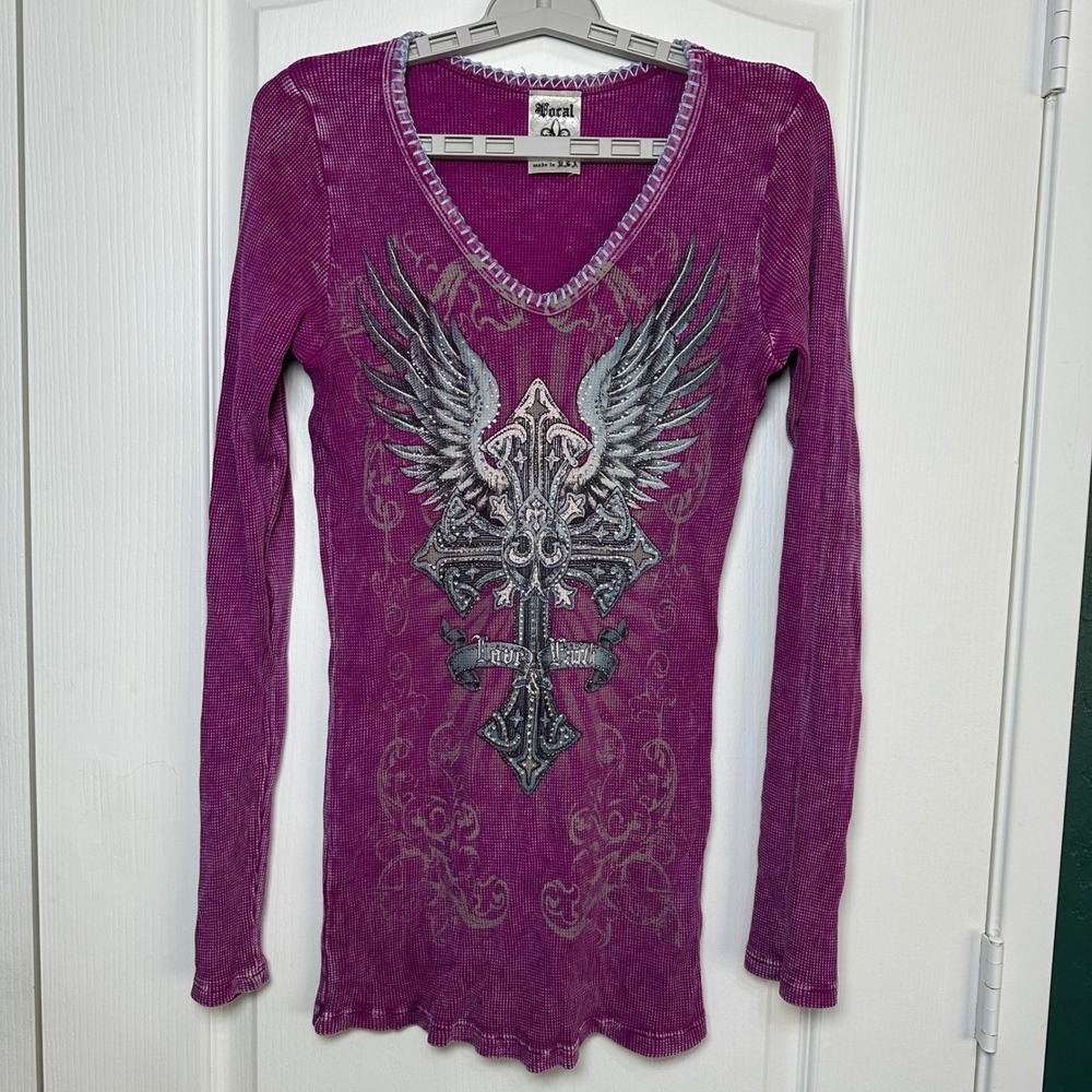 Vocal Purple Thermal Tunic Top Rhinestone Cross Wings Large Y2K Grunge Goth Rock - Picture 11 of 12